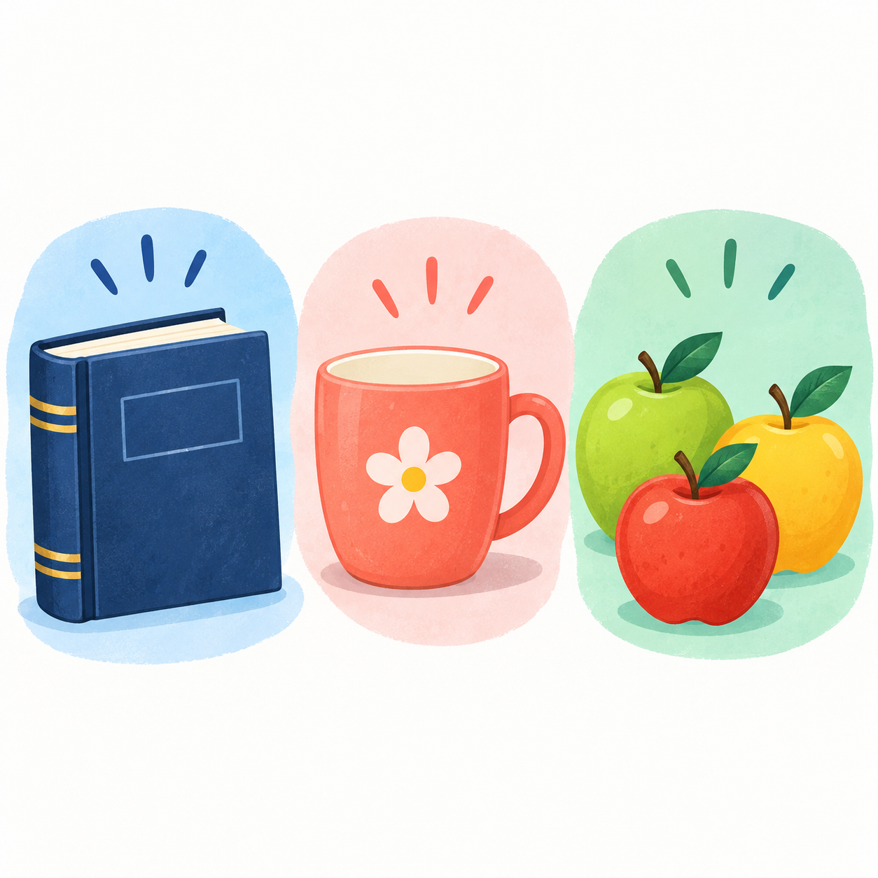 Un livre, une tasse et plusieurs pommes comme trio visuel