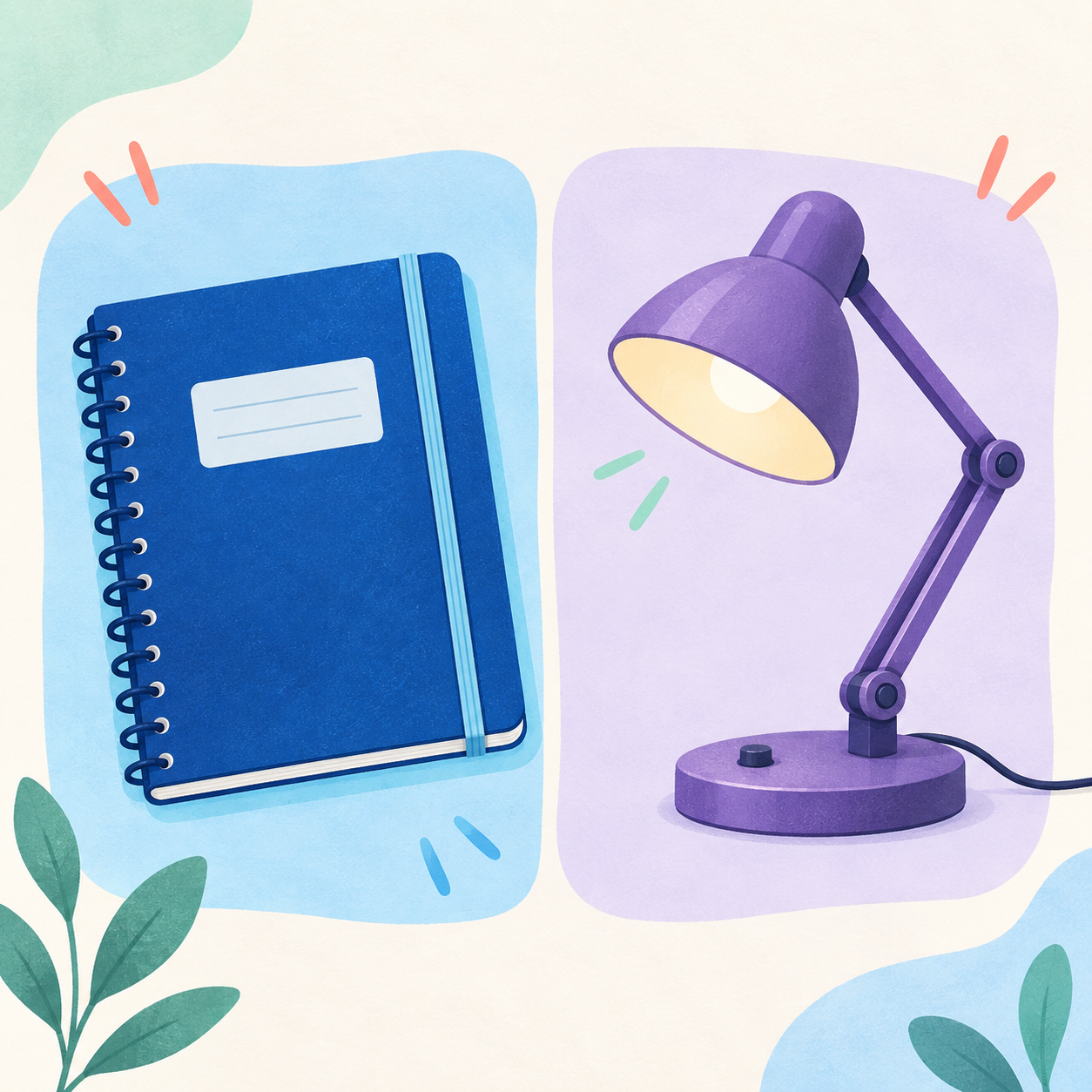 Un carnet bleu et une lampe violette présentés comme une paire d’objets