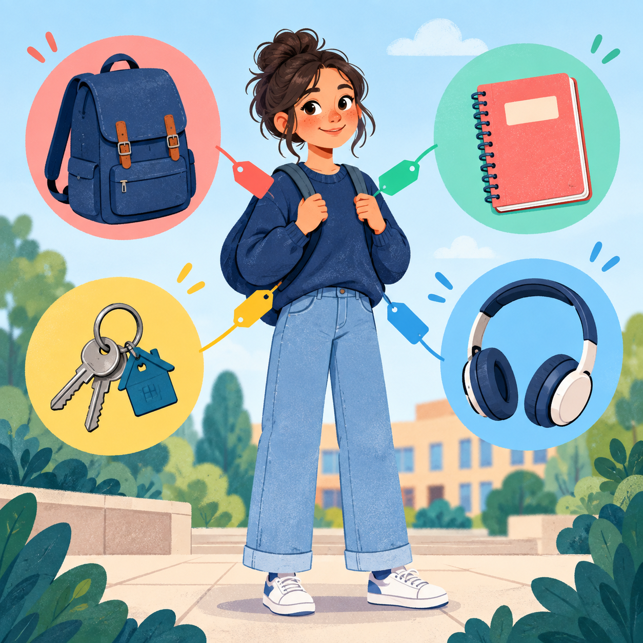 Une élève reliée à son sac, son carnet, ses clés et son casque