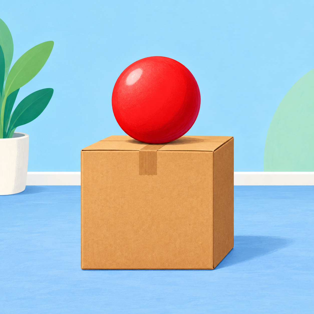 Une balle rouge posée sur une boîte en carton