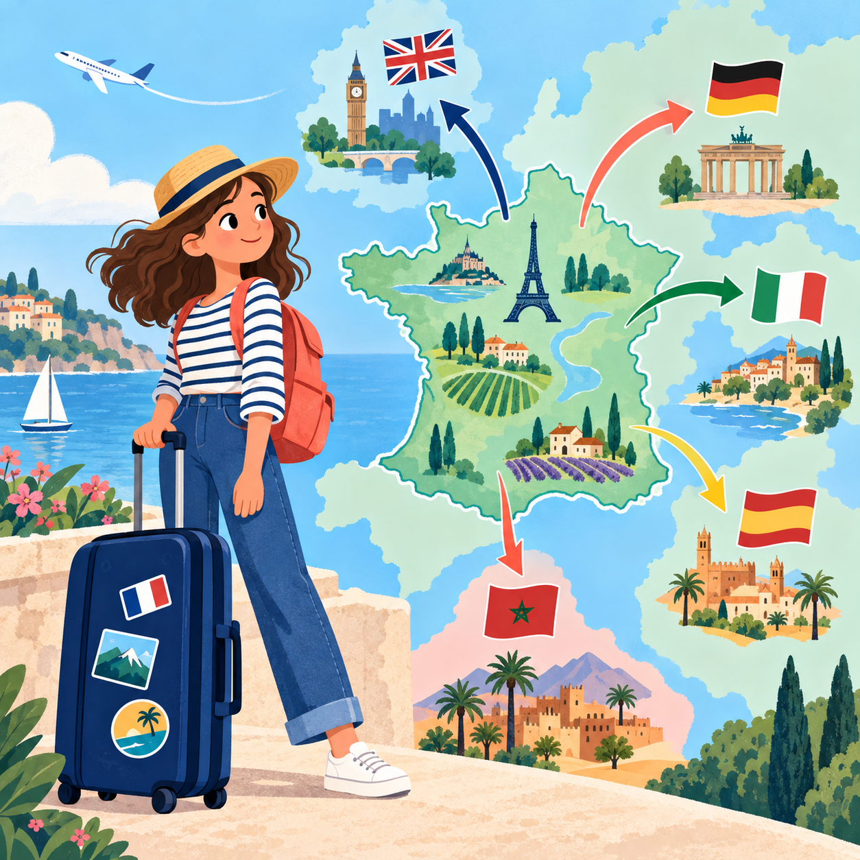 Une voyageuse et une carte reliant la France à plusieurs pays